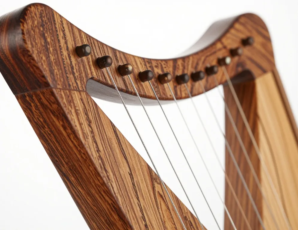 Macro close up of the carved hand opening and gut strings of a lyre shaped gusli